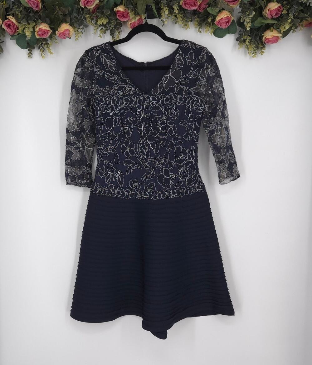 Tadashi Shoji Embroidered Mini Navy Blue Lace Dress Size 4